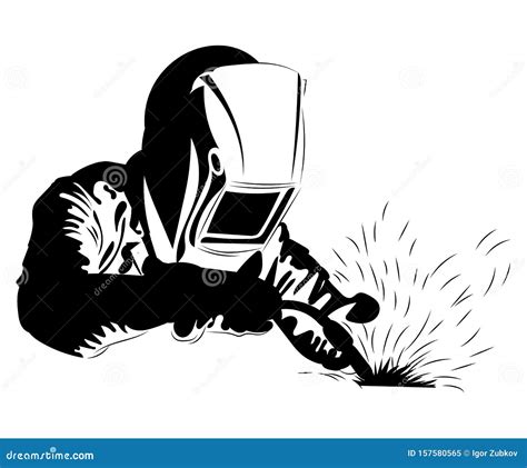 Welder Welds Metal. Black and White Illustration of a Welder in Work Clothes. Linear Art ...