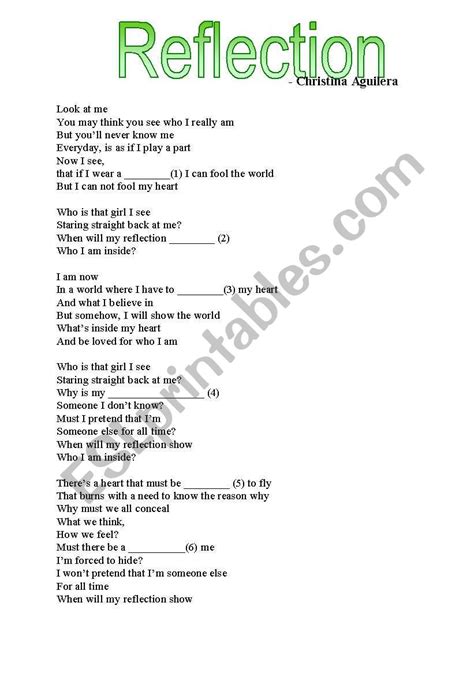 English worksheets: song, reflection