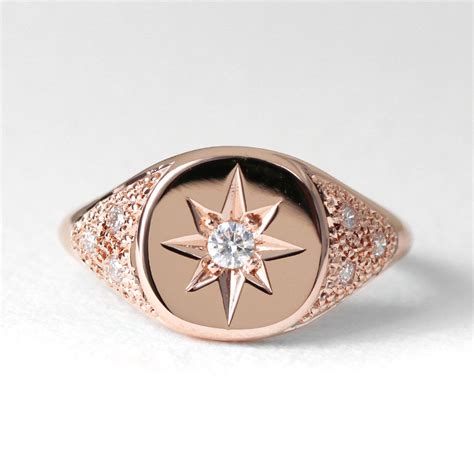 Signet Ring, Diamond Polaris Signet Ring, Minimalist 14k Gold Signet Ring, Polaris Star Setting ...