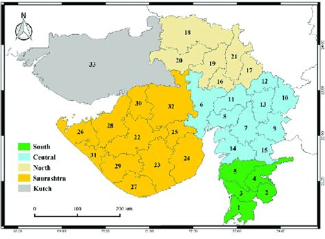 Administrative map of Gujarat State, India. Numbered areas correspond ...