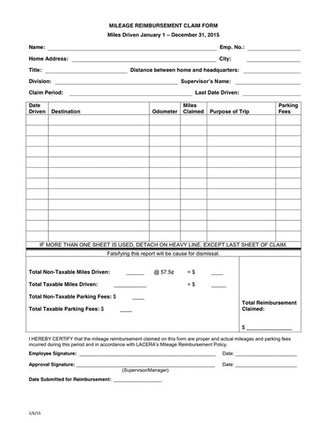 Mileage Reimbursement Claim Form in Word and Pdf formats