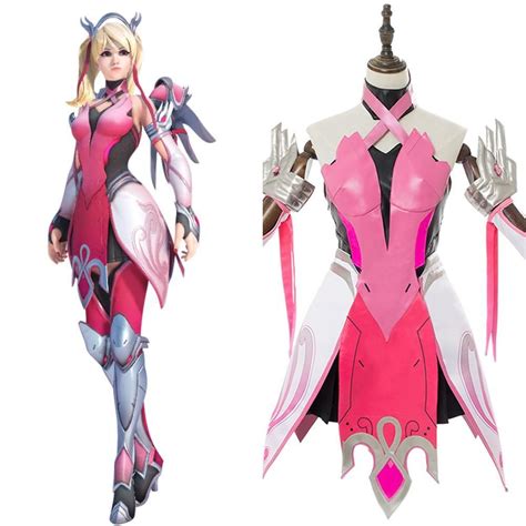 Overwatch Mercy Angela Ziegler Outfit Pink Mercy Skin Cosplay Costume ...