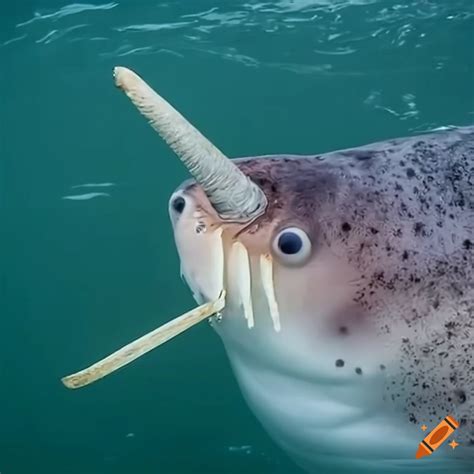 Adorable hybrid creature with narwhal horn and walrus tusks swimming in ...