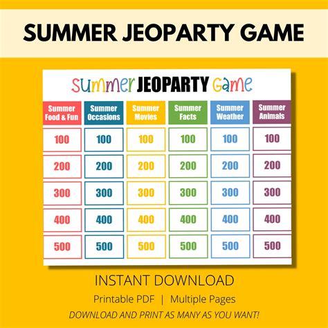 Summer Game Jeopardy Game Family Fun Kid Friendly Summer - Etsy Canada