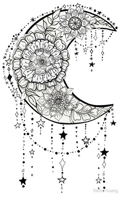 "Floral Moon and Dangling Stars: moon-struck" by Katie Hwang | Redbubble | Moon coloring pages ...