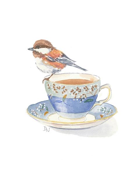 Bird Watercolour Teacup Painting Chickadee Art by WaterInMyPaint