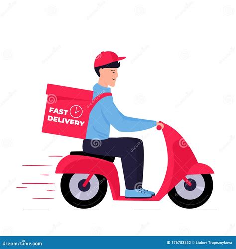 Fast Shipping. a Young Guy Delivers Packages on a Red Scooter Stock ...