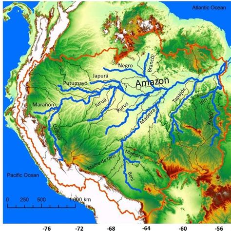 The Amazon River basin and its main tributaries mapped over the SRTM... | Download Scientific ...