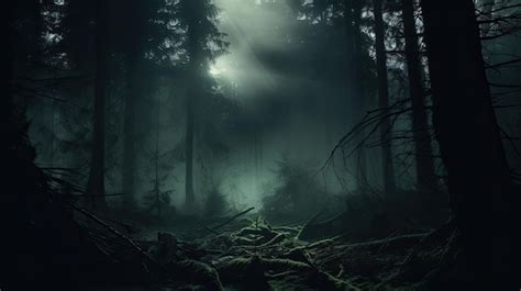 Premium AI Image | A photo of a forest with swirling fog towering trees