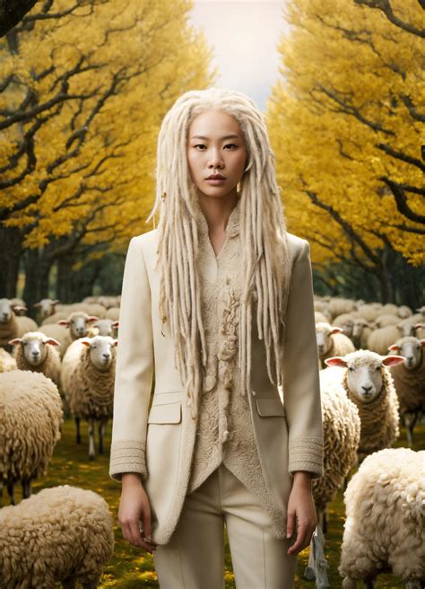 Lexica - Albino-Asian model, thick, wild, giant albino-beige wool dreadlocks. very large, thick ...