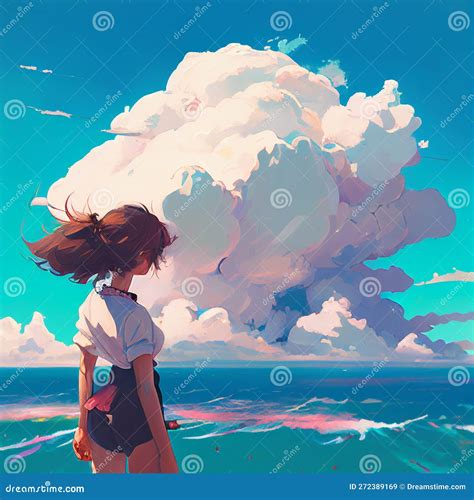 Cute Anime Girl Standing in Front of Ocean and Big Cloud Digital Art Stock Illustration ...