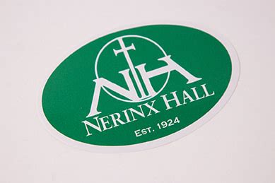 Nerinx Hall oval sticker in green with white logo and lettering