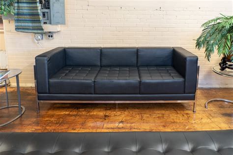Mid-Century Modern Black Leather Sofa • Peartree Office Furniture