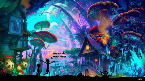 an image of a fantasy scene with mushrooms and houses in the background, as well as trees