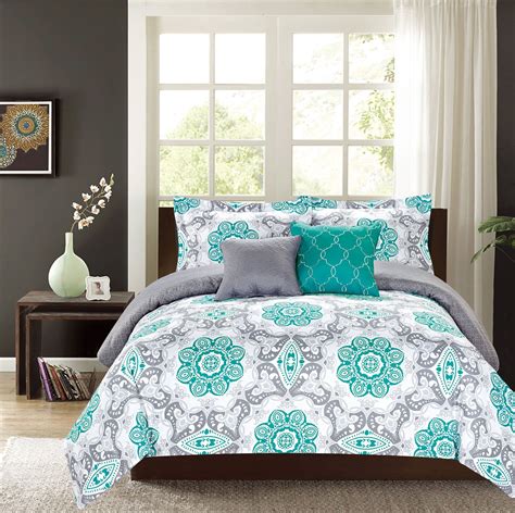 Crest Home Sunrise Queen Comforter 5 Pc. Bedding Set, Teal and Grey Medallion - Oversized and ...