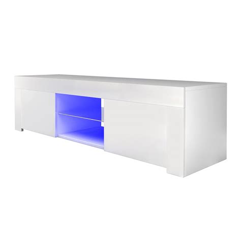 130CM LED TV Stand Unit with 2 Storage Cabinets, TV Cabinet with Open Shelves, White High Gloss ...