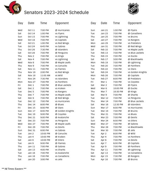 Ottawa Senators Schedule - 2023-24