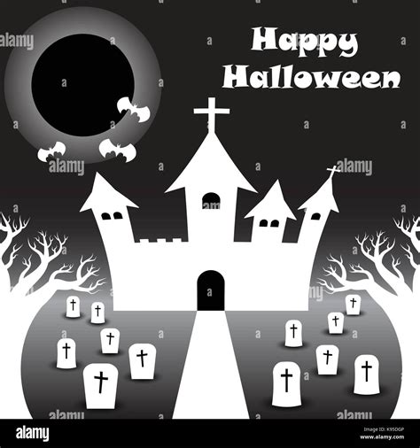 Vector Happy Halloween Night Illustration Of White Curved Castle Under The Black Full Moon With ...