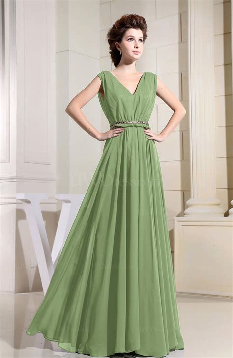 Sage Green Casual V-neck Sleeveless Chiffon Pleated Bridesmaid Dresses ...