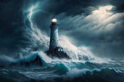 Lighthouse in the Sea Storm with Big Waves. Generative AI Stock Illustration - Illustration of ...