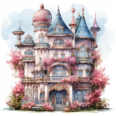 There is a large pink castle with a tower and a balcony generative ai ...