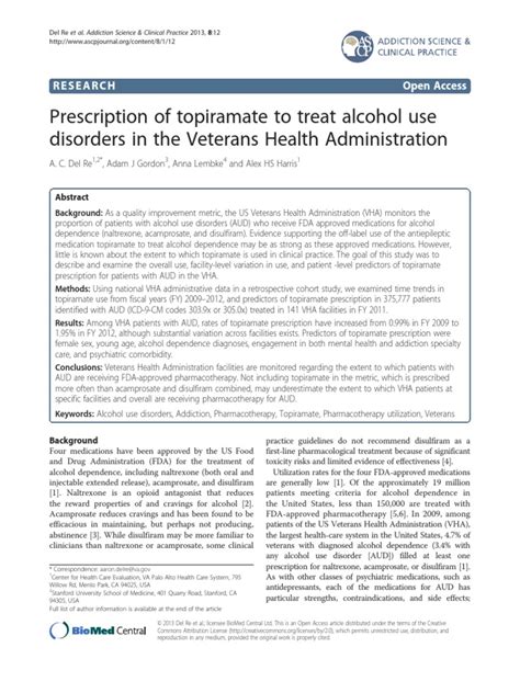 Prescription of Topiramate To Treat Alcohol Use Disorders in The Veterans Health Administration ...