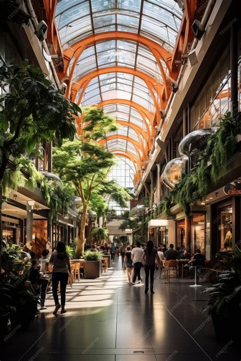 Premium Photo | An indoor shopping mall with glass ceiling and lush ...