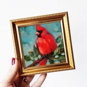 Cardinal red bird oil painting original Small picture framed | Etsy