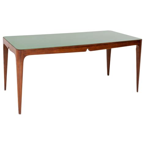 Mid-Century Curved Dining Table with Glass and Green Leather Top For Sale at 1stDibs