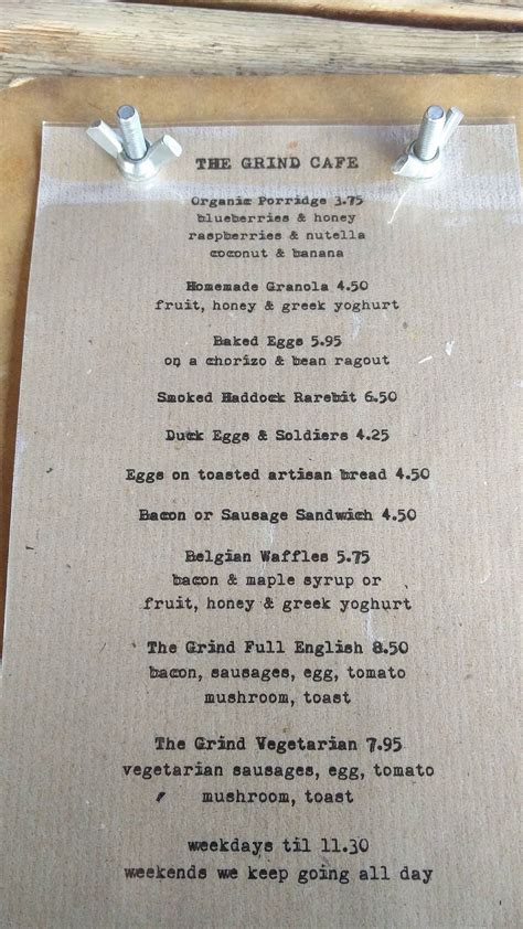 Menu at The Grind Cafe, Sheffield, Cornwall Works