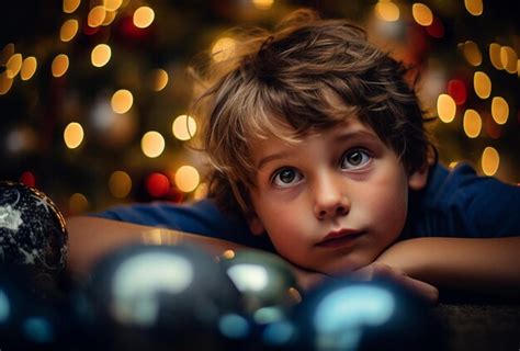 Premium Photo | Child daydreaming with blur christmas lights background