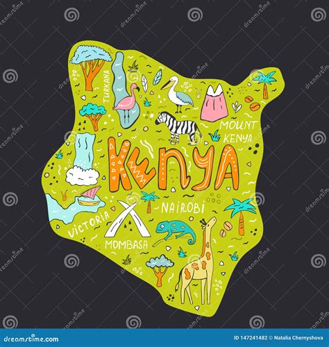 Hand Drawn Illustrated Map Of Kenya With Landmarks Stock Illustration ...