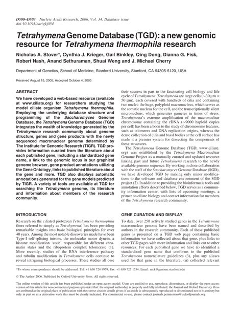 (PDF) Tetrahymena Genome Database (TGD): A new genomic resource for ...