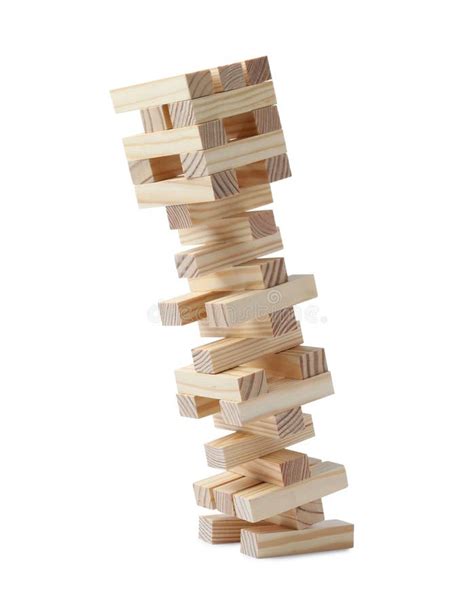 Jenga Tower Made of Wooden Blocks Falling on White Background Stock ...