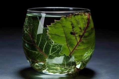 Premium AI Image | green leaf in a glass on a wooden table in the living room