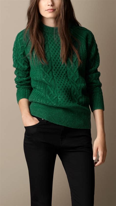 Burberry Wool Blend Cable Knit Sweater in Forest Green (Green) | Lyst UK