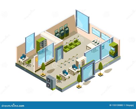 Bank Isometric. Modern Building Interior Office Open Space Banking ...