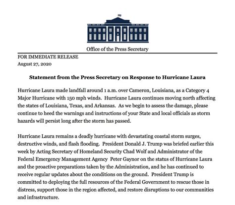 NEW: White House Press Sec. releases statement on HurricaneLaura: “As ...