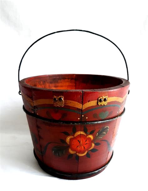 Vintage Folk Art Hand Painted Wooden Bucket w/Handle Charming Decorated Pail Original Paint ...