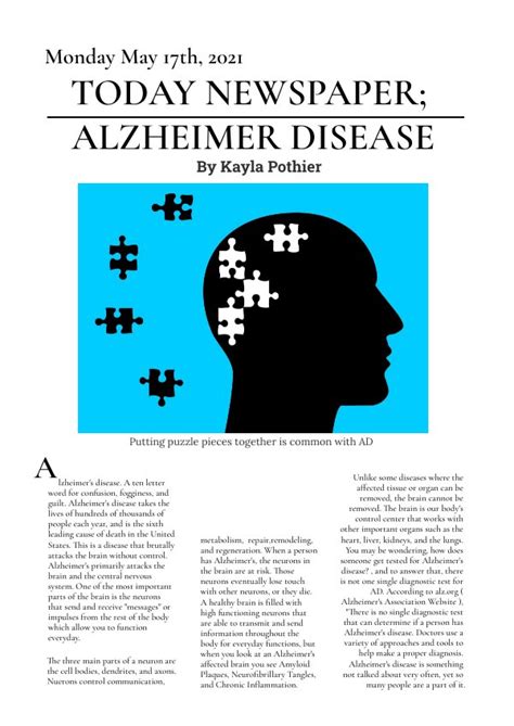 Alzheimer's Disease Newspaper Article by Kayla Pothier - Flipsnack