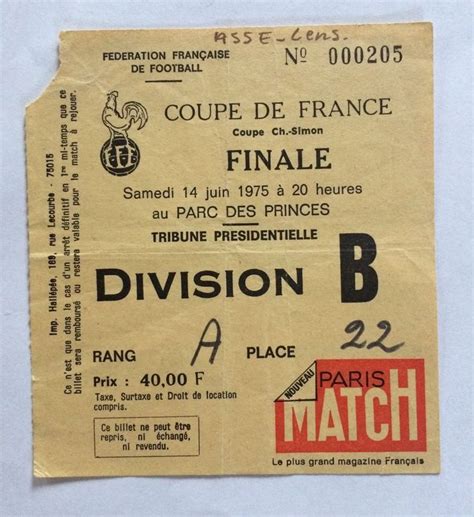 ticket billet FINALE coupe de france 1975 SAINT ETIENNE - RC LENS ...