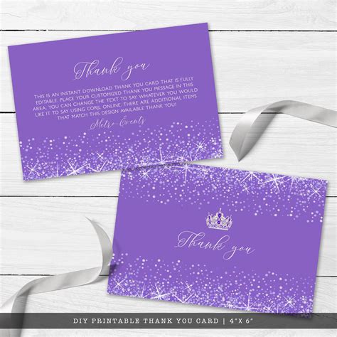 Purple Glitter Thank You Card Purple Princess Thank You Card | Etsy