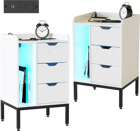 Amazon.com: Fameill Nightstand Set of 2 with Charging Station and LED ...