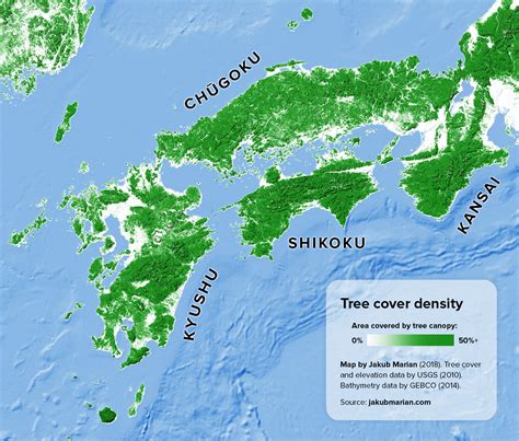 Tree cover of Kyushu, Shikoku, Chugoku and Kansai