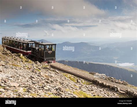 Snowdon Mountain Railway train, summit of Snowdon, Snowdonia National ...