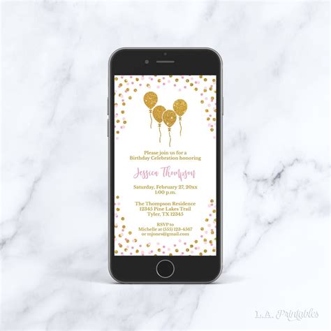 Pink & Gold Birthday Party Editable Evite Template Electronic - Etsy