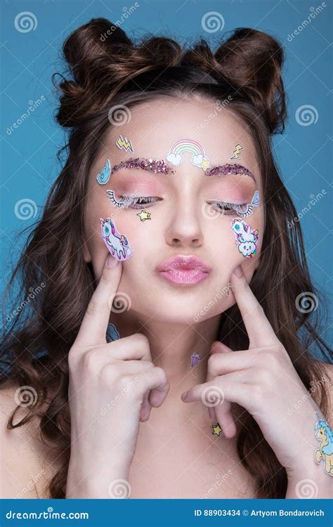 Beautiful Fashion Girl with Funny Professional Makeup and Emoji Stickers Glued on the Face ...