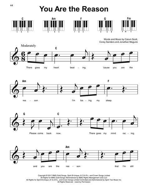 Easy Piano Sheet Music You Are The Reason ~ Piano Lessons Online