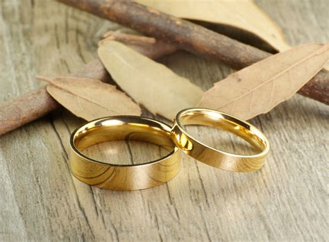 Handmade Gold Flat Plain Matching Wedding Bands, Couple Rings Set, Tit