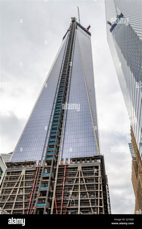 One World Trade Center construction area with crane on top during ...